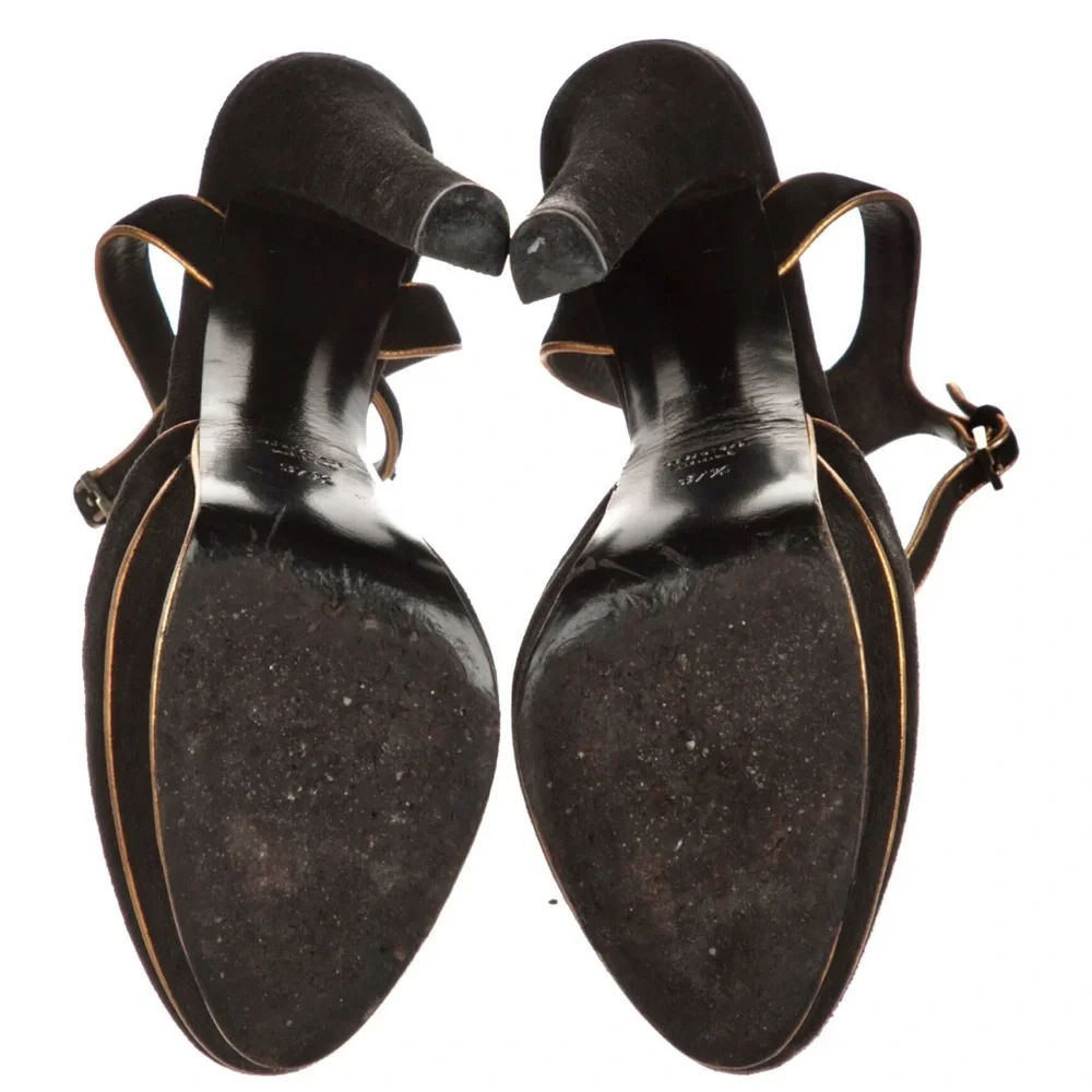 Gucci Black Suede w/ Gold Piping Huston Ankle Strap Platform Pumps​